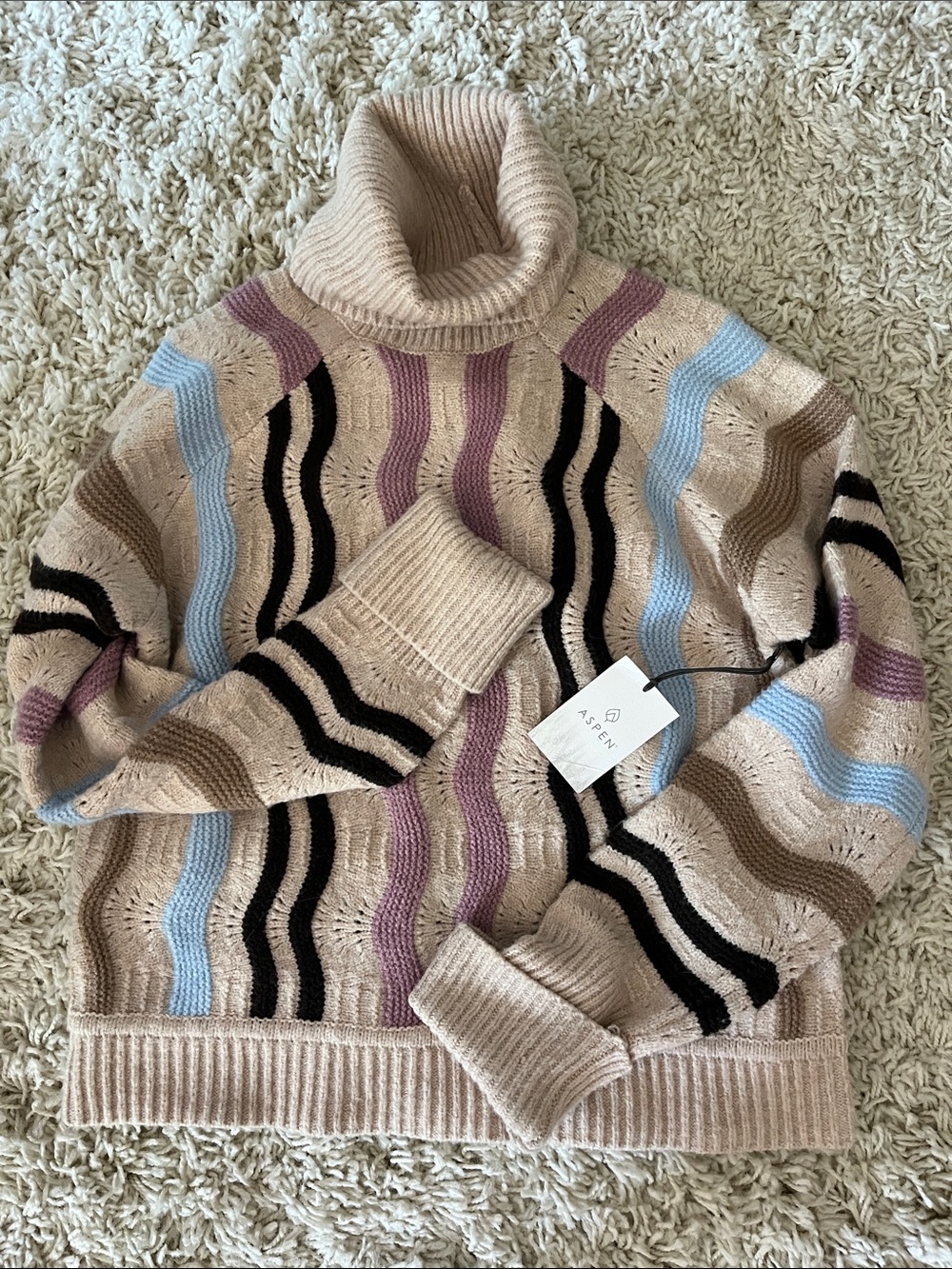 Aspen Beige Striped Turtleneck Sweater